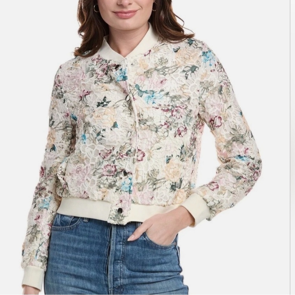 Nanette Lepore Cream Floral Lace Bomber with Multicolor Embroidery